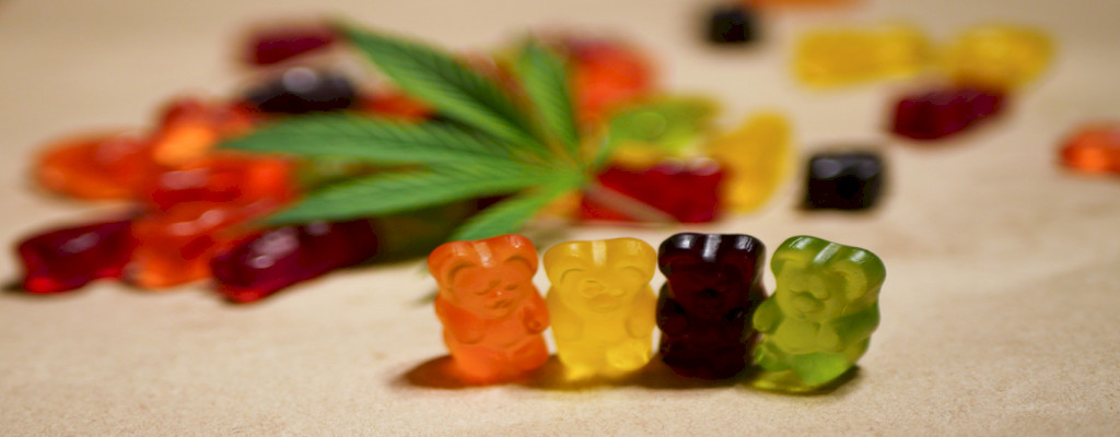 Gummy bears stand in a row, with more gummies and a hemp leaf in soft focus in the background.