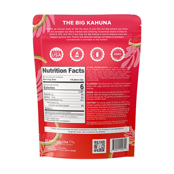 Juicy Kush Big Kahuna Sour Belt Gummies 5000mg Delta 8 Resellers
