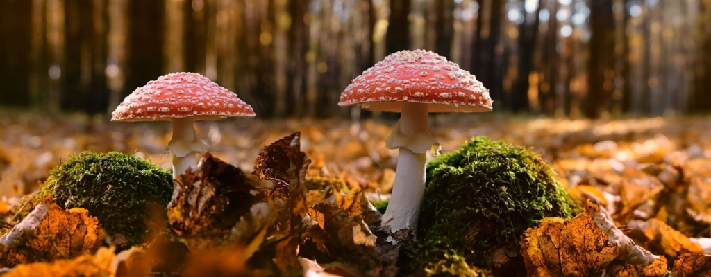 Two Amanita muscaria mushrooms grow on the forest floor.