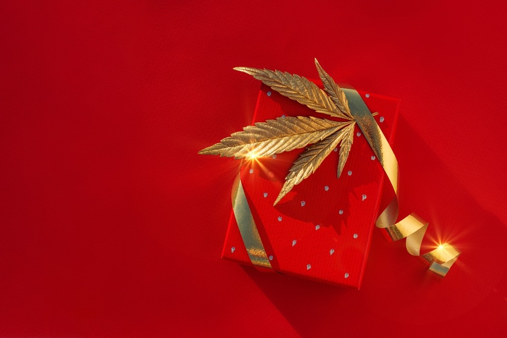 A golden hemp leaf sits on top of a holiday gift. 