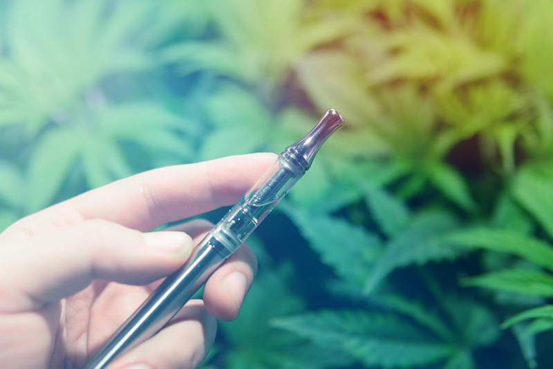 A hand holds a THC-P vape in front of a background of hemp leaves.