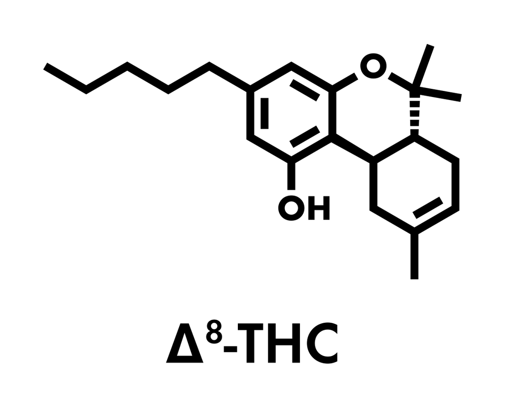 The skeletal formula for Delta 8 THC, pictured in black and white.