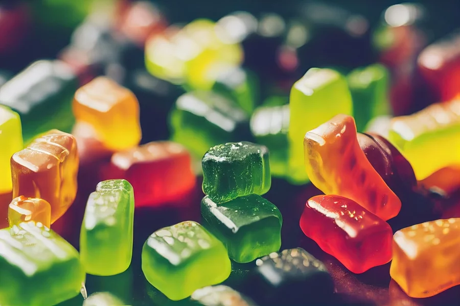A close-up view of dozens of gummy edibles.