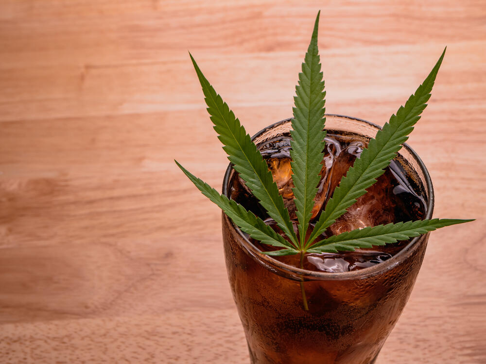 A hemp leaf sits in a glass of cola.