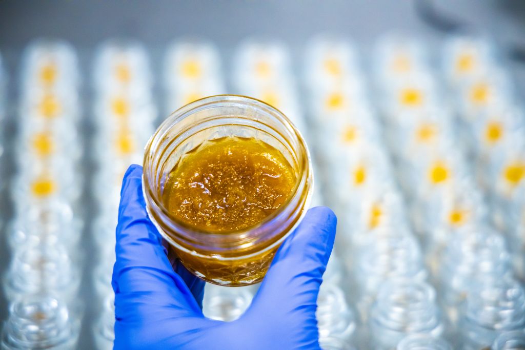 A jar of live resin held up by a gloved hand.