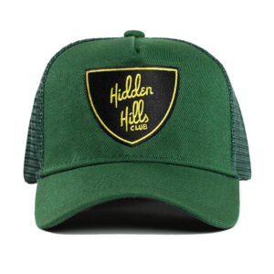 hidden hills club trucker hat green black yellow shield 2 new