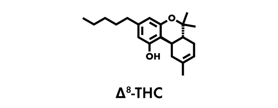 A skeletal model of the Delta 8 molecule seen against a white background.
