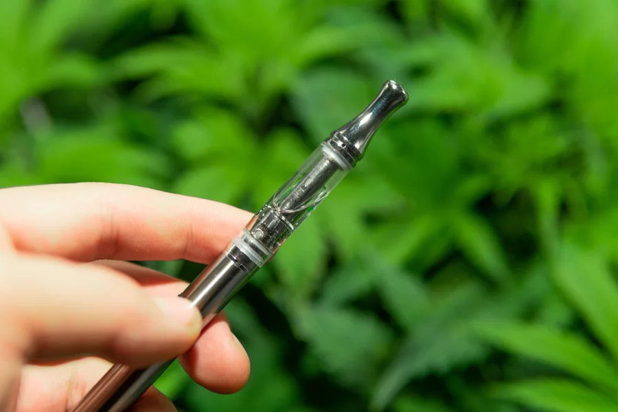 A hand holds a vape pen in front of a field of hemp plants.