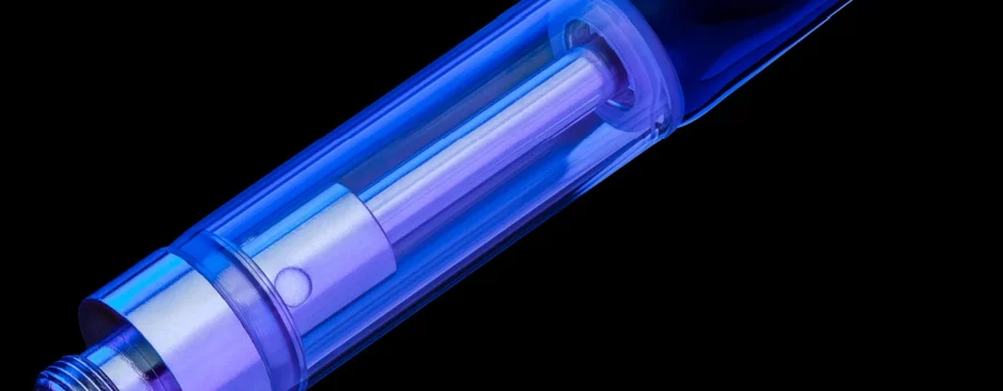 A THC cart lit with a blue light.