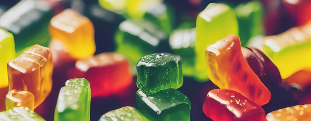 Gummy edibles of various colors fill the frame.