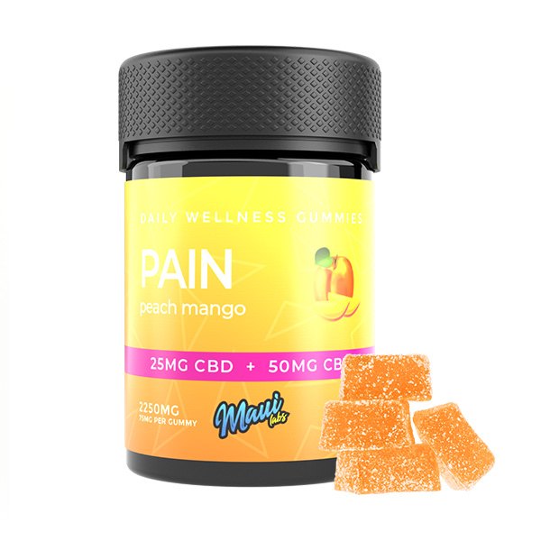 Full Spectrum CBD for Pain displayed in front of a white background showing orange gummies and its package.