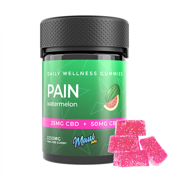 CBD gummies for pain displayed in front of a white background.