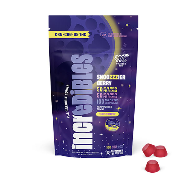Broad Spectrum CBD product sample showing three red gummies beside a purple gummy product packaging.